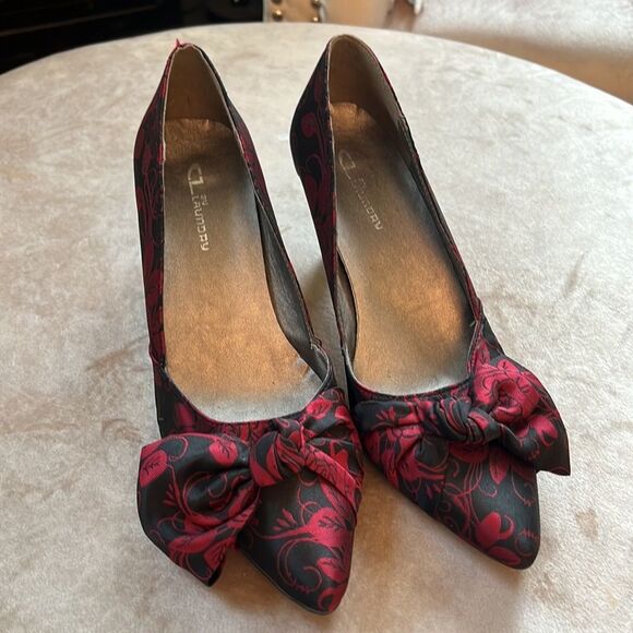 CL Chines Laundry Ted Blk Floral Fabric Print Granny Short Heels Sz 8.5 / 39 - Picture 3 of 10